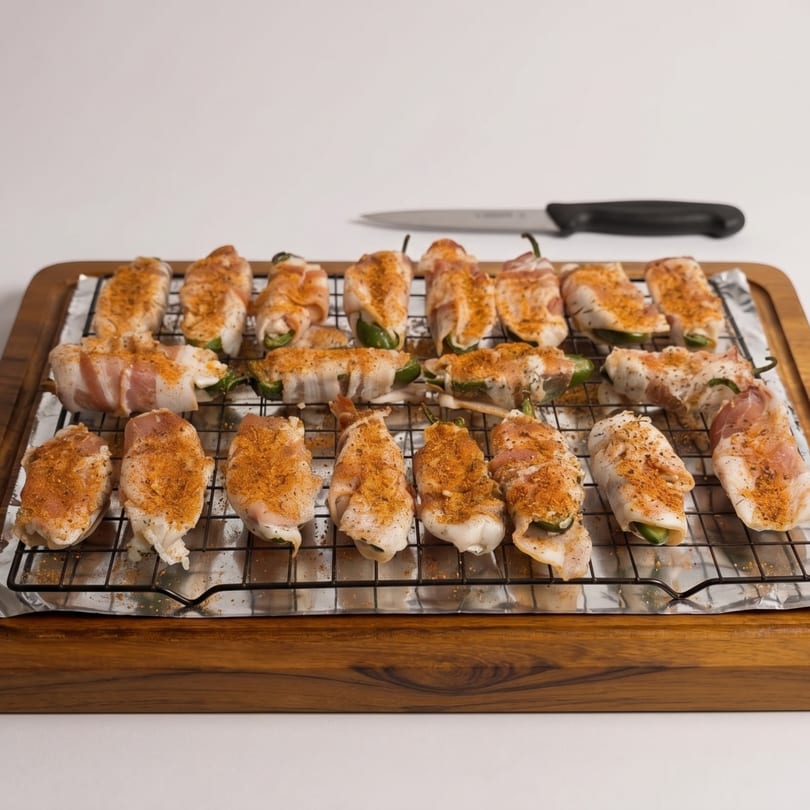 Bacon-wrapped jalapeño poppers, seasoned with spices, arranged on a cooling rack over a wooden board.