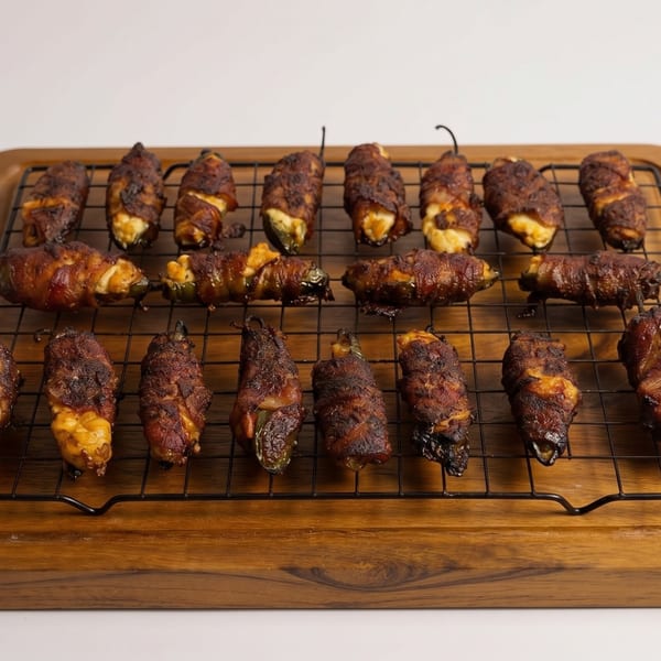 Rows of bacon-wrapped jalapeño poppers with charred edges on a black wire rack over a wooden board.