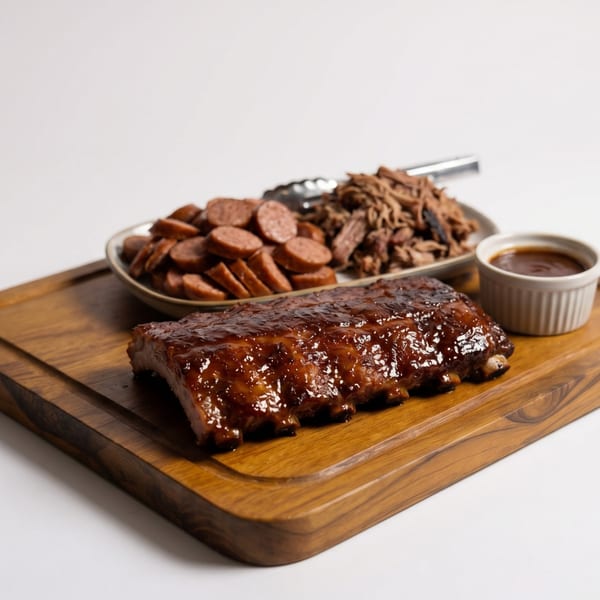 A rack of BBQ ribs, sliced sausage, pulled pork, and a side of sauce on a wooden board.