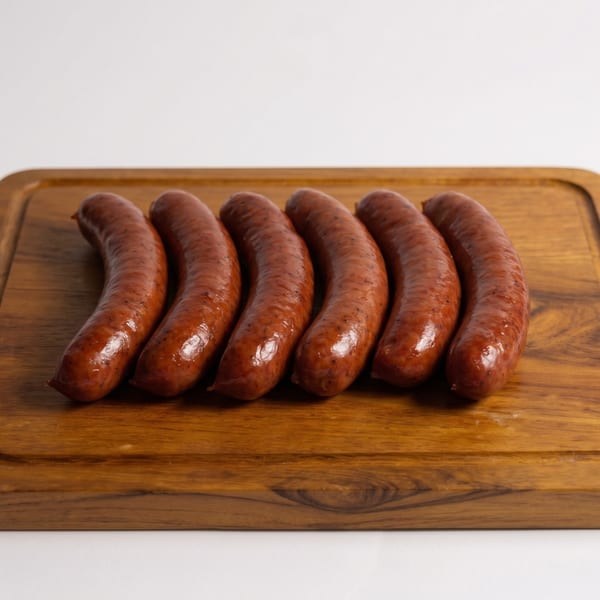 Six cooked sausages with a reddish-brown hue are arranged on a wooden cutting board.