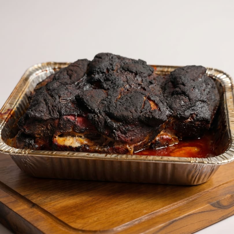 A large, dark, charred piece of meat sits in a foil pan with red sauce on a wooden board.
