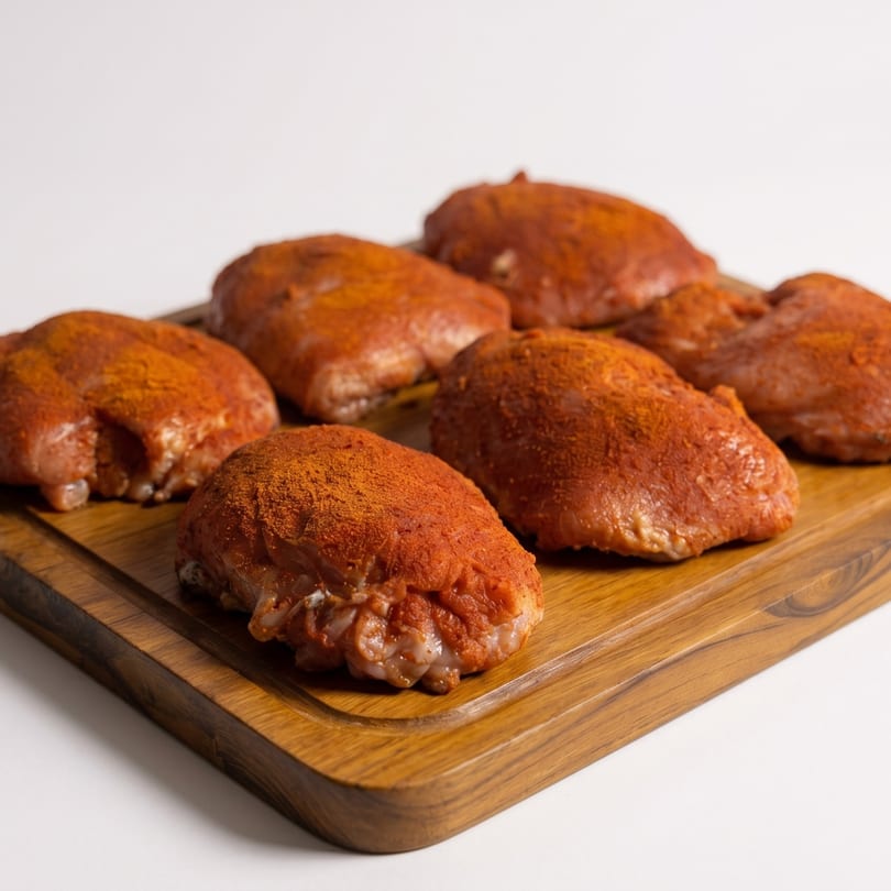 Six raw chicken thighs seasoned with red spices on a wooden cutting board.